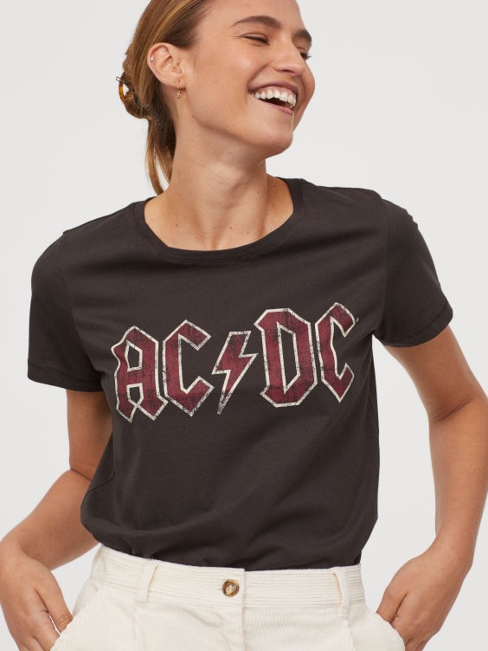 H&M AC/DC Rock Band Logo Gray Brown Short Sleeve Cotton T-Shirt Tee Women’s S